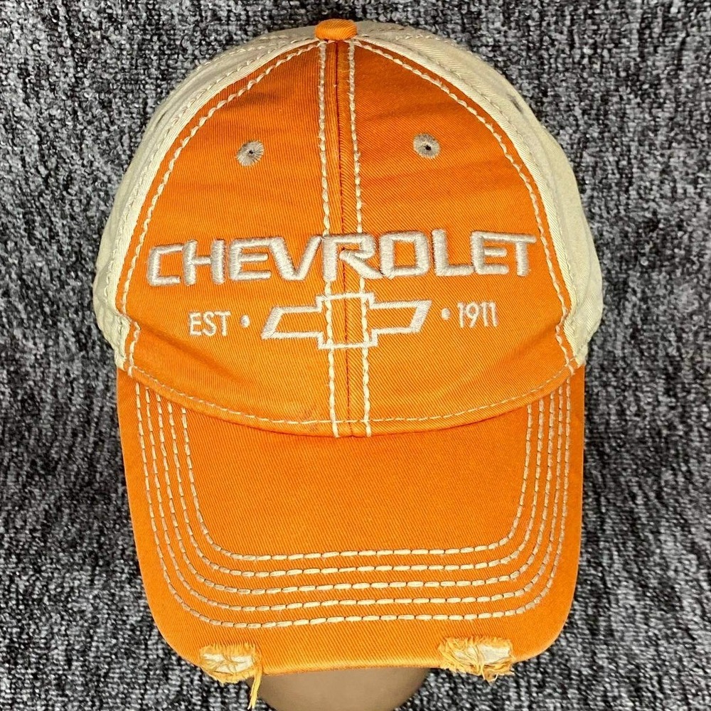 Chevrolet Baseball Hat Mens OSFA Orange Distressed Trucker Cap Logo Adjustable